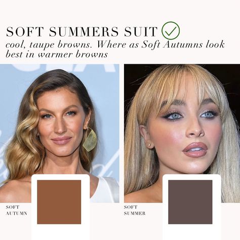 Soft Autumn VS Soft Summer beauty 🤍 . #coloranalysis #sabrinacarpenter #giselebündchen #softsummer #softautumn #coloranalyst #colouranalysis Soft Summer Vs Soft Autumn, Soft Summer Hair Color, Season Analysis, Soft Autumn Makeup, Soft Summer Makeup, Soft Autumn Palette, Colour Season, Soft Autumn Color Palette, Soft Summer Palette