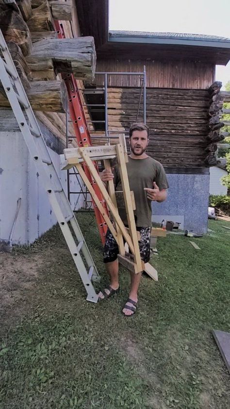 Have you ever seen a ladder jack before? This is designed so you can safely stand and work on a ladder and any height. #ladder #laddersafety #ladderjacks #diyrenovations #homerenos #logcottage #logcabin #logcabins #woodworkerlife #homereno #carpentrywork #carpenter #carpentrytrick #diytutorial #homeprojects #diyrenovations #framerlife #framing #masonrylife #masonrywork | Meyers.makes | Meyers.makes · Original audio Garage Hacks, 2 Guys, Ladder Stands, Diy Ladder, Masonry Work, Carpentry Tools, Wooden Ladder, A Ladder, Wood Worker