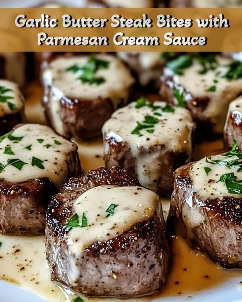 Garlic Parm Steak Bites, Garlic Parmesan Steak Bites, Garlic Butter Steak Bites With Parmesan, Chip Steak Recipes, Parmesan Cream Sauce Recipe, Butter Steak Recipe, Steak Bites With Garlic Butter, Garlic Steak Bites, Decadent Dinner