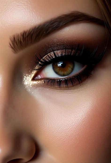 Dark Gold Eyeshadow, Black And Golden Makeup, Gold And Black Eye Makeup, Brown And Gold Makeup, Brown Eyeliner Looks, Dark Brown Smokey Eye, Smokey Brown Eye Makeup, Bronze Smokey Eye Makeup, Gold And Black Makeup