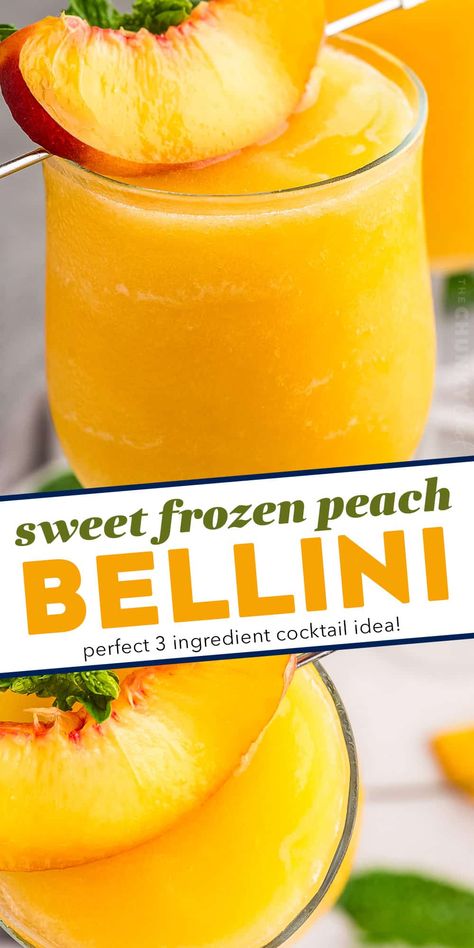 Frozen Peach Lemonade Slush, Frozen Peach Bellini Recipe, Bellini Cocktail Recipes, Peach Bellini Recipe, Frozen Peach Bellini, Frozen Drinks Alcohol, Liquid Therapy, Bellini Cocktail, The Chunky Chef