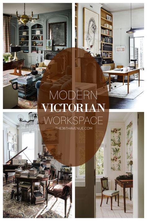 Modern Victorian Office Design, Office Ideas Victorian, Modern Victorian Office Decor, Victorian Home Decor Modern Living Room, Modern Victorian Home Office, Victorian Home Modern Interior, Victorian Fretwork Interior, Victorian Home Office Ideas, Home Decor Ideas Victorian