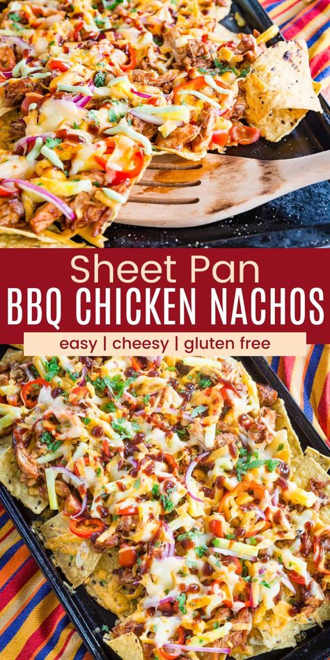 Sassy, saucy, and delicious Sheet Pan BBQ Chicken Nachos combine all of your favorites into an easy family-friendly dinner recipe or a party appetizer to share with friends. Not only are they absolutely mouthwatering and customizable, but they are so fast to make. Plus these barbecue nachos are gluten free! Grilled Nachos Recipe, Sheet Pan Bbq Chicken Nachos, Nacho Recipes Chicken, Bbq Nachos Recipe Chicken, Rotisserie Chicken Nachos Recipe, Sheet Pan Nachos Chicken, Bbq Chicken Sheet Pan Dinner, Chicken Nachos Sheet Pan, Sheet Pan Appetizers