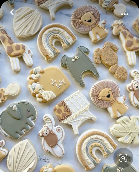 Boho Animal Baby Shower Ideas, Animal Themed Baby Shower Ideas, Zoo Themed Baby Shower Ideas, Animal Theme Baby Shower Ideas, Boho Safari Baby Shower Ideas, Jungle Baby Shower Cookies, Safari Baby Cookies, Safari Baby Shower Cookies, Jungle Theme Baby Shower Ideas