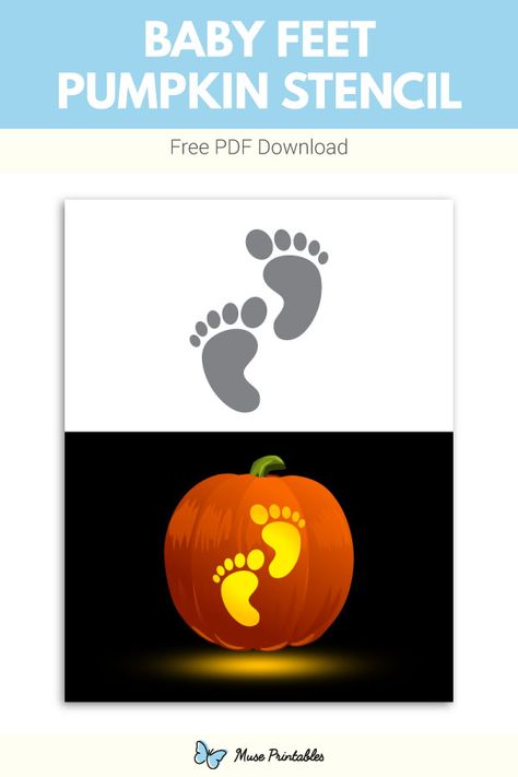 Free printable baby feet pumpkin stencil. Download it at https://museprintables.com/download/pumpkin-stencil/baby-feet/ Gender Reveal Pumpkin Carving, Baby Feet Pumpkin Painting, Baby Themed Pumpkin Carving, Pumpkin Carving Ideas Baby, Baby Feet On Pumpkin, Baby Feet Pumpkin, Pumpkin Carving Baby Announcement, Baby Pumpkin Carving Ideas, My First Halloween Pumpkin Carving