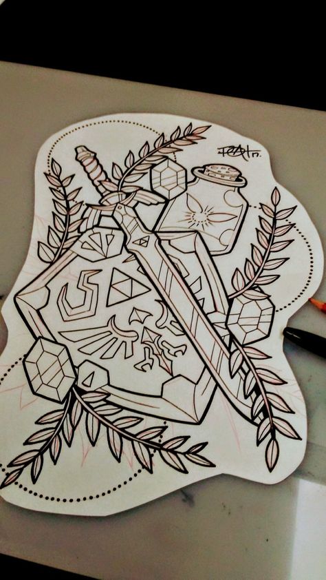 Traditional Tattoo Outline, Nintendo Tattoo, Video Game Tattoos, Zelda Drawing, Nerdy Tattoos, Zelda Tattoo, American Traditional Tattoo Ideas, Gamer Tattoos, Traditional Tattoo Ideas