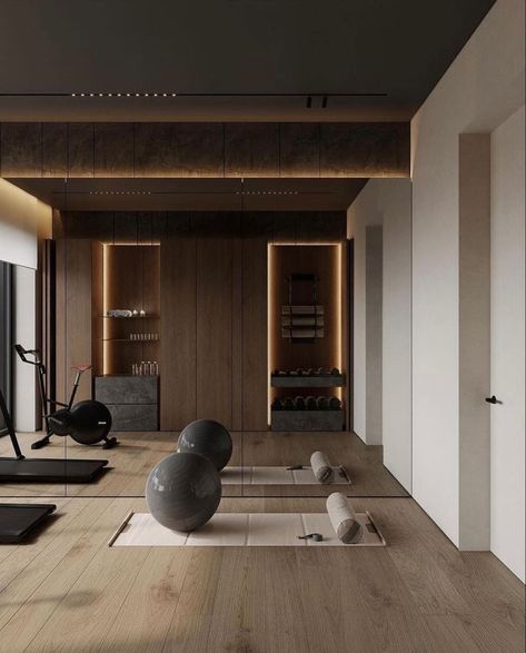 Yoga And Fitness, Modern Home Gym Design Fitness Rooms, Organic Modern Home Gym, Luxury Fitness Room, At Home Wellness Room, Pilates Room Design, Chic Home Gym, Dream Home Minimalist, Gym Room Aesthetic