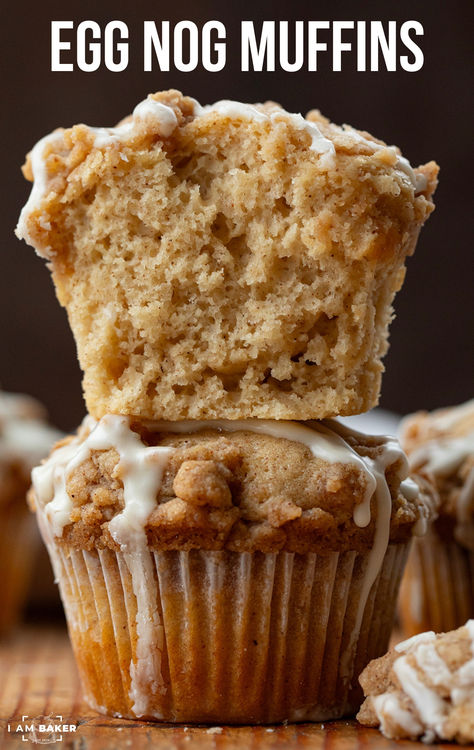 Eggnog Muffins are muffins infused with eggnog, topped with a crumbly and sugary streusel, and drizzled with an eggnog glaze. Eggnog Mini Muffins, Egg Nog Scones Recipe, Gingerbread Streusel Muffins, Eggnog Baking Recipes, Egg Nog Muffins, Eggnog Muffins Recipe, Eggnog Muffin Recipe, Eggnog Scones, Sweet Casserole