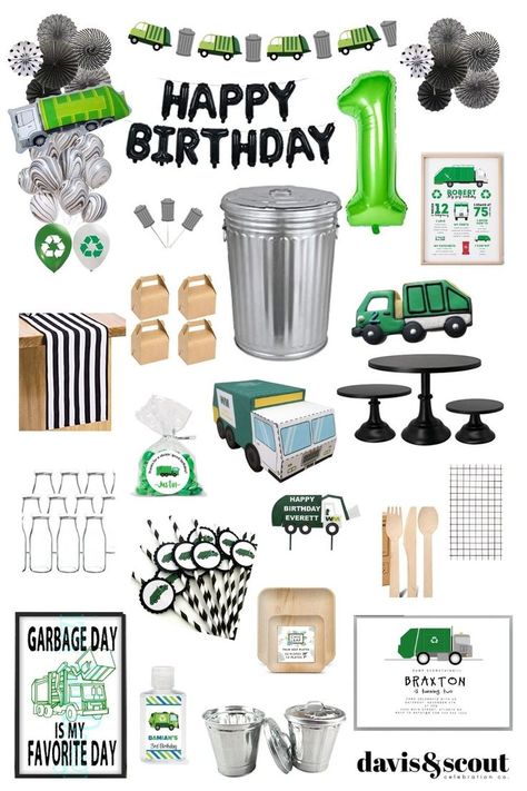 Adorable party theme for a young recycle truck lover. Post includes items you could use to create an adorable and affordable diy party with party inspiration photos from our recycle truck party and updated links to products curated for an adorable recycle truck celebration. #trashbash #recycletruck #recycleparty #kidparty #partytrends #themeparty #blackandwhite #garbagetrucktheme #recycletrucktheme #eventplanning #diyparty #partyideas #trendyparty #two #firstbirthday #toddlerparty 1st Birthday Theme, Garbage Truck Party, Truck Theme Birthday, Trash Party, Truck Theme, Fun Party Themes, 1st Birthday Themes, 2nd Birthday Party Themes, Kids Birthday Themes