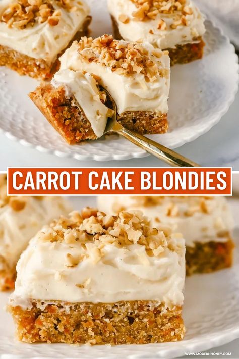 These soft, chewy carrot cake bars with cream cheese frosting are perfect for your Spring gathering. These carrot cake blondies taste even better than carrot cake! Carrot Cake Brownies Recipe, Carrot Cake Blondies Recipe, Carrot Cake With Chocolate Chips, Carrot Cake Blondies, Carrot Bars With Cream Cheese Frosting, Carrot Cake Bars With Cream Cheese, Carrot Cake Bundt Cake Recipe, Carrot Blondies, Carrot Cake Desserts