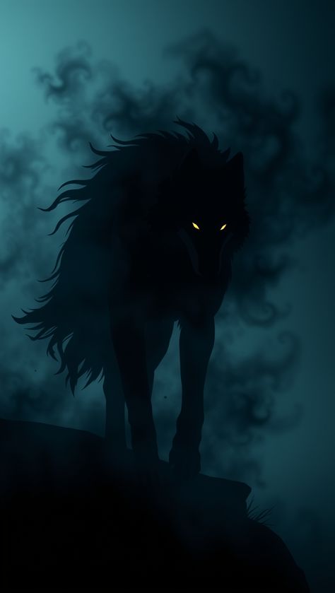 A wolf made of dark, swirling shadows, blending into the night and leaving a trail of mist as it moves. Black Wolf With Gold Eyes, Shadow Wolf Fantasy Art, Wolf Horse Hybrid, Fantasy Shadow Creature, Shadow Wolf Art, Werewolf Shadow, Dark Wolf Aesthetic, Dark Creatures Monsters, Fantasy Shadow