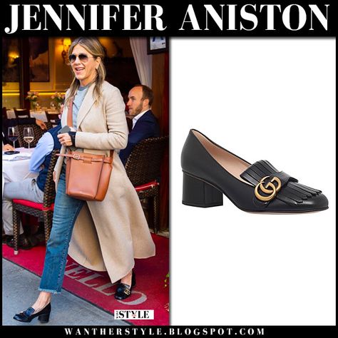 Jennifer Aniston in camel coat and black heel loafers #streetstyle #fashion #style #shoes #gucci #celebrity Block Heel Loafers Outfit, Pumps Outfit Dress, Loafer Pumps Outfit, Loafer Heels Outfit, Heel Loafers Outfit, Heeled Loafers Outfit, Gucci Marmont Pump, Block Heels Outfit, Womens Heeled Loafers