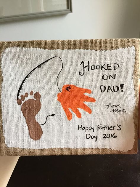 Hooked on dad Father's Day hand and footprint art.  Great keepsake for dad.  Something he'll keep forever, and a fun to make gift! Hand And Footprint Art, Diy Father's Day Crafts, Dad Crafts, Fathers Day Art, Footprint Crafts, Baby Art Projects, Diy Father's Day Gifts, Footprint Art, Handprint Crafts