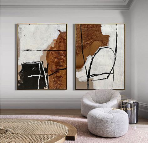 Black And Beige Wall Art, Abstract Painting Black And White, Abstract Painting Beige, Brown Abstract Painting, Painting Set Of 2, Abstract Painting Black, Painting Black And White, Home Office Art, Beige Minimalist