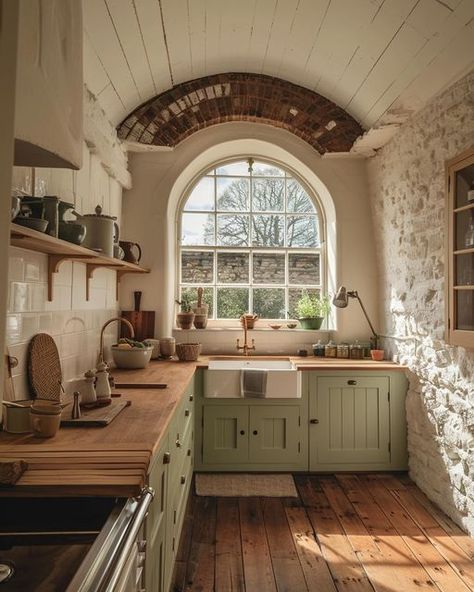 Arch Wall Kitchen, Arch Window Living Room, Arch Window Kitchen, Arched Kitchen Window, Vintage Looking Kitchen, Window Above Kitchen Sink, Arched Kitchen, Cedar Farmhouse, Above Kitchen Sink