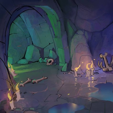 Florian Coudray on Instagram: “Getting away from evil spirits! . . . #conceptart #worldbuilding #crashbandicoot4 #cavern #crash4 #painting #illustration #speedpainting…” Cave Entrance Illustration, Crystal Cave Illustration, Cavern Drawing, Cave Drawing Illustration, Cave Reference, Cave Concept Art, Underground Town, Environment Perspective, Cave Illustration