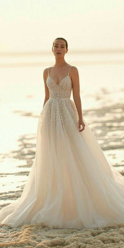 Sleeveless Wedding Gown, Tulle Straps, Ivory Bride, Night Gown Dress, Beach Wedding Gown, Beach Wedding Dresses, Bridal Designers, Ivory Wedding Dress, Beaded Gown