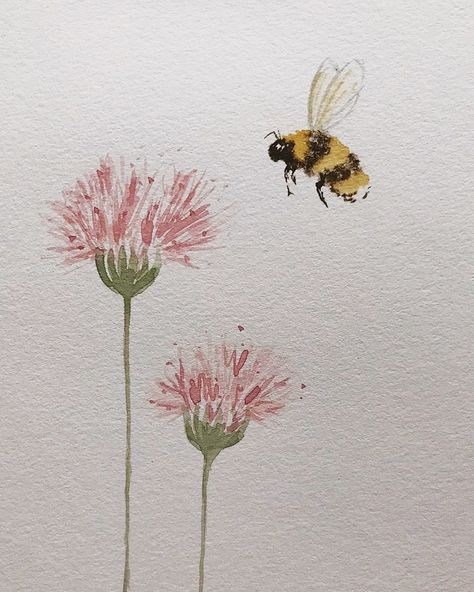 Bee Painting Watercolor, Bumblebee Watercolor Paintings, Bee And Flower Watercolor, Watercolour Bee Painting, Bumble Bee Watercolor Paintings, How To Paint Bees, Watercolor Toad, Watercolour Bees, Water Colour Painting Watercolour