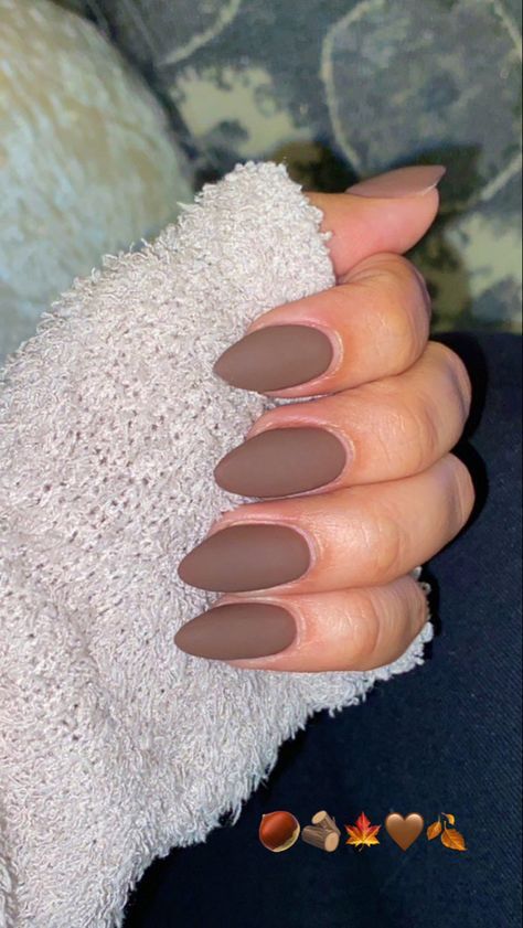 Matte Brown Acrylic Nails Almond, Short Almond Matte Nails, Mocha Almond Nails, Matt Almond Nails, Matte Fall Nails Almond, Brown Matt Nails, Matte Nails Almond Shape, Tan Matte Nails, Matte Brown Acrylic Nails