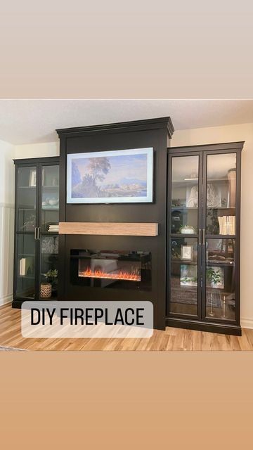 Cabinet For Fireplace Insert, Electric Fireplace With Ikea Built Ins, Electric Fireplace Ikea Hack, Ikea Entertainment Center With Fireplace, Ikea Billy Bookcase Hack Built Ins Tv Fireplace, Ikea Tv Stand Fireplace, Brick Fireplace Makeover, Ikea Billy, Dining Living Room