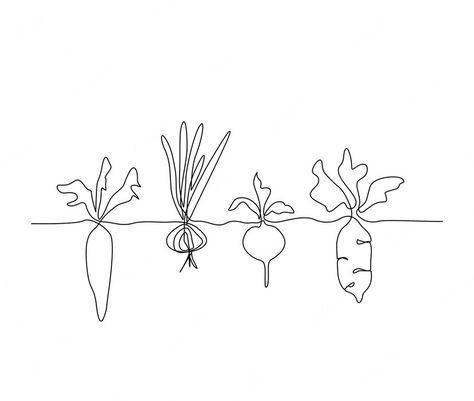 Vegetable Garden Tattoo, Vegetable Tattoo, Continuous Line Tattoo, Vegetable Drawing, Plant Sketches, Continuous Line Art, Single Line Art, Line Doodles, Vegetable Illustration