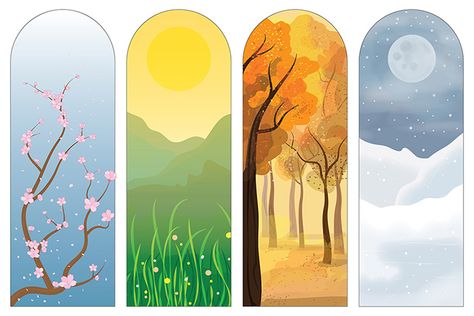 Four Seasons Aesthetic Art, 4 Seasons Drawing Ideas, Summer And Winter Drawing, 4 Seasons Mural, Four Seasons Art Ideas, The 4 Seasons Art, Spring Summer Autumn Winter Art, 4 Season Illustration, 4 Seasons Illustration