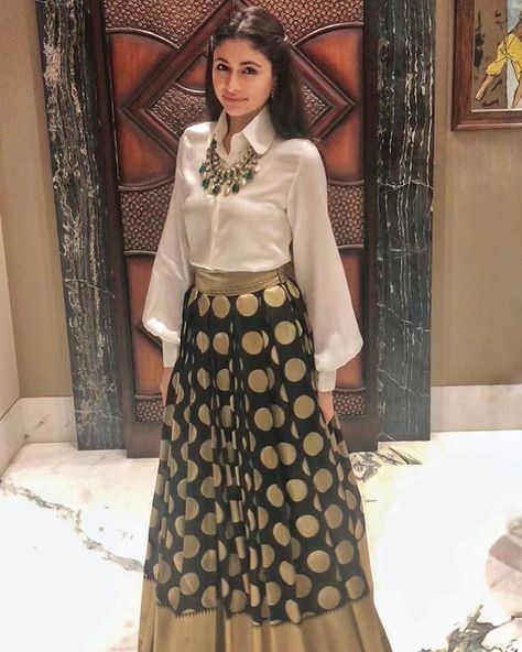 Our stunning Creative Director @devanginishar is acing the festive fusion look in a traditional banarasi brocade skirt & satin shirt set by… Golden Shirt With Skirt, Long Skirt And Blouse Indian, Long Indian Skirt Outfits, White Shirt And Long Skirt Outfit, Long Skirt With Shirt Party Wear, Brocade Skirt With Shirt, Shirt Skirt Outfit Indian, Shirt With Lehenga Skirt, Golden Skirt Outfit Indian