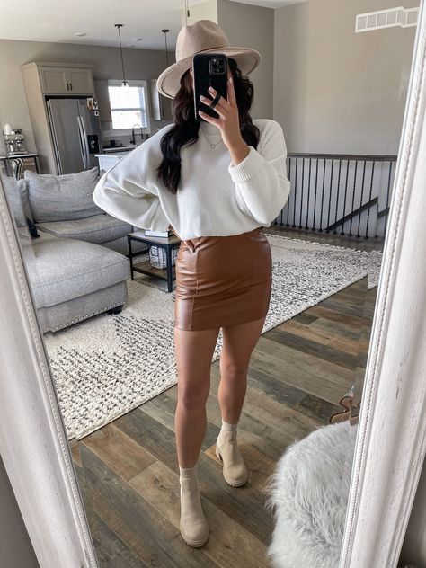 Chelsea Boots And Dress Outfit, Leather Mini Dress Outfit, Chelsea Boots And Dress, Brown Leather Dress Outfit, Dress With Chelsea Boots, Boots And Dress Outfit, Outfit Ideas With Boots, Leather Dress Outfit, White Sweater Outfit