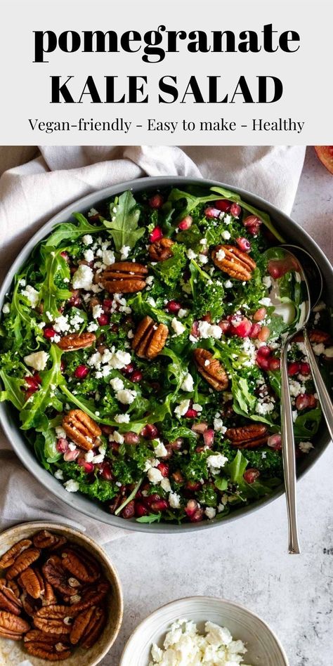 Vegan Pomegranate Salad, Vegan Salad Thanksgiving, Winter Kale Salad With Pomegranate, Vegetarian Christmas Salad, Kale And Pomegranate Salad Recipes, Pommegrenade Salad, Vegetarian Winter Salad, Pomegranate Seed Salad, Kale Salad Pomegranate