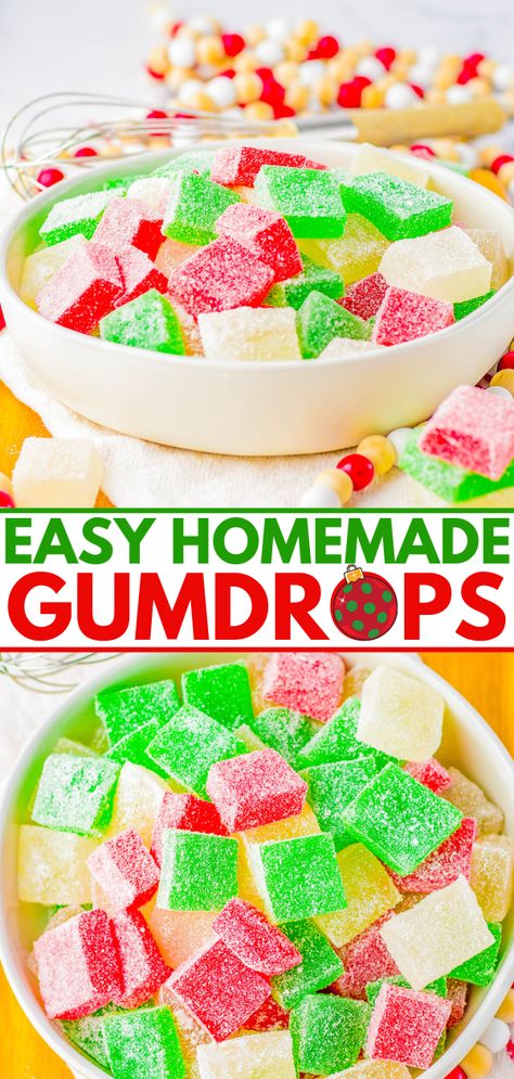 Homemade Gumdrops, Gumdrop Recipe, Christmas Candy Homemade, Averie Cooks, Christmas Candy Recipes, Green Food Coloring, Gum Drops, Brownie Bar, Red Food