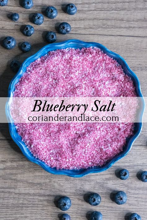 This beautiful salt is infused with real, fresh blueberries. It makes a wonderful garnish or finishing salt with so many uses, such as cocktails, cheese plates, and smoked fish dishes. ~ Coriander & Lace Infused Salt Recipes, Flavored Salts Recipes, Festival Painting, Rim Salt, Blueberry Recipe, Blueberry Margarita, Flavored Salt, Blueberry Gin, Sea Salt Recipes