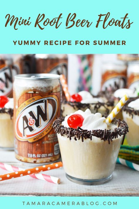 Mini Root Beer Float Recipe for Summer - Tamara Like Camera Alcoholic Root Beer Float, Root Beer Floats Party, Root Beer Float Popsicles, Root Beer Float Bar, Root Beer Float Recipe, Root Beer Float Pie, Root Beer Candy, Root Beer Float Cake, Rootbeer Float Cupcakes