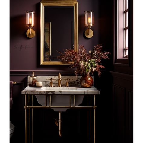 Bold Powder Room, Burgundy Walls, Powder Bathroom, Purple Bathrooms, Home Decor Finds, Primary Bath, Avenue Design, Unique Light Fixtures, Unique Interior Design