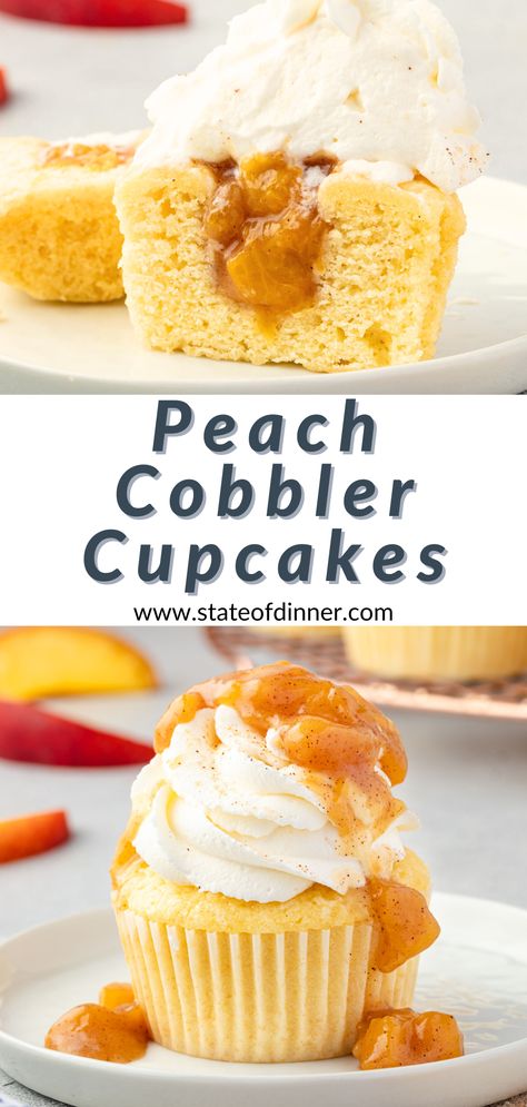 Two images of the cupcakes, the one on bottom is the whole cupcake with peach cobbler filling dripped over the top, and the top cupcake is cut in half showing the filling on the inside. Strawberry Pretzel Cupcakes, Fresh Peach Cupcakes, Peach Cobbler Cupcakes Yellow Cake Mixes, Peach Cupcakes With Peach Buttercream, Pecan Pie Filling For Cupcakes, Peach Cream Cheese Cupcakes, Peach Cobbler Cupcake Recipe, Peach Filled Cupcakes, Peach Pie Cupcakes