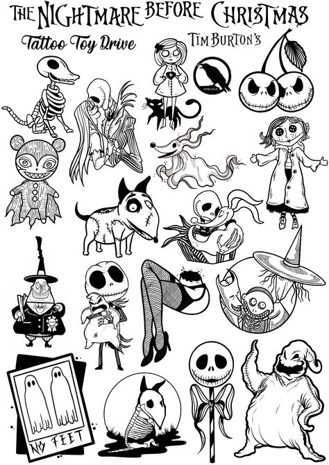 Cartoon Sleeve Tattoo Ideas, Halloween Mouth Tattoos, Jack Skellington Flash Tattoo, Black And White Horror Tattoos, Halloween Disney Drawings, Tim Burton Art Tattoo, Jack Skellington Head Tattoo, Oogie Boogie Man Tattoo, Grim Adventures Tattoo