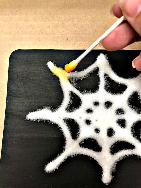 A spider web painting can be made with glue and salt. Once dried paint the salt with a q-tip and acrylic paint. Spider Web Painting, Web Painting, Black Construction Paper, Q Tip, Construction Paper, Spiders, Spider Web, Story Time, Fall Halloween