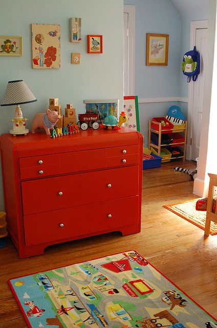 Boys Room Colors, Boy Nursery Colors, Red Dresser, Baby Boy Nursery Colors, Boy Dresser, Boy Rooms, Colorful Kids Room, Children Boy, Child Room