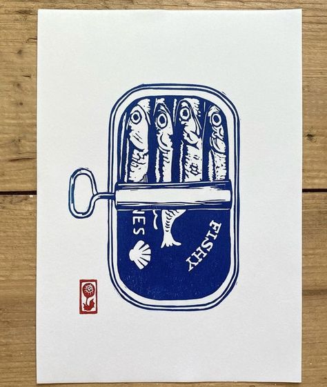 Inspo Drawing, Canned Fish, My To Do List, Linoleum Print, Linocut Printmaking, Lino Art, Linocut Art, Downloadable Prints, Retro Wall Decor