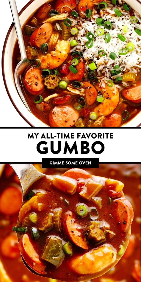 This Creole-style gumbo recipe is made with a richly-flavored dark roux, your choice of proteins (chicken, sausage and/or seafood), lots of veggies, and served over rice. So hearty, rich, and delicious! | gimmesomeoven.com #gumbo #soup #stew #creole #cajun #neworleans #mardigras #rice #dinner Soup Recipes Gumbo, Ground Beef Gumbo Recipe, Cheap Gumbo Recipe, Gumbo Recipe Chicken Sausage Shrimp, Gumbo Recipe Authentic Chicken And Sausage, Gumbo Without Seafood, Chicken Sausage Shrimp Okra Gumbo, Lousianna Cajun Gumbo, Chicken And Shrimp Gumbo Recipe Easy