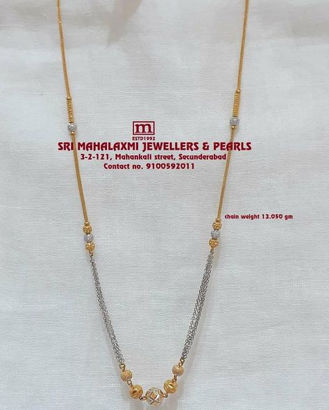 Presenting Here is new Collection Light Weight Italians Platinum Polish Chains made 18kt Hallmark Gold Please us on Whatsapp no. 9100592011 #SriMahalaxmiJewellers #Chains #ItaliansChains Platinum Mangalsutra Designs, Silver Colour Combination, Tiny Gold Necklace, Indian Gold Necklace Designs, Indian Gold Necklace, Black Beads Mangalsutra, Gold Necklace Indian, Gold Chain Design, Mangalsutra Designs