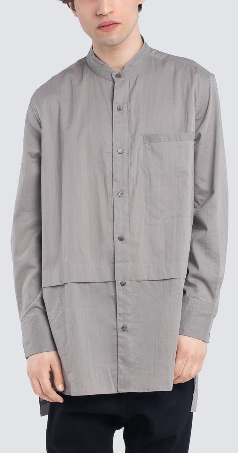 Elongated cotton shirt with band collar and button closure at front. Jetted pocket at chest. Double-button barrel cuffs. Vented side seams. Side pleats at back. Shirttail hem. Band Collar Shirt, Thailand Outfit, Banded Collar Shirts, Collarless Shirt, Linen Fashion, Cotton Shirts For Men, Menswear Fashion, Fashion Group, Men Shirt