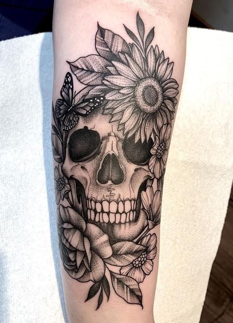 Skull Flower Arm Tattoo, Skull And Flower Sleeve Tattoos For Women, Skull With Flower Eyes Tattoo, Skull Flower Forearm Tattoo, Floral Tattoo With Skull, Floral Skull Tattoos For Women Forearm, Skull Made Of Flowers Tattoo, Arm Skull Tattoos For Women, Skull Cover Up Tattoo Women