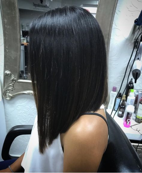 Tri One Length Haircut, Reverse Long Bob Haircut, Angled Bob Dark Hair, Funky Lob Haircut, Sharp Long Bob, Long Bob Haircut Round Face, 2023 Straight Hair Trends For Women, Angled Medium Length Hair, Med Length Straight Hairstyles