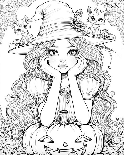 Witch Coloring Pages For Adults, Halloween Coloring Pages For Adults, Scary Coloring Pages, Manga Coloring Book, Coloring Pages For Grown Ups, Witch Coloring Pages, Grayscale Coloring Books, Halloween Coloring Book, Adult Coloring Designs