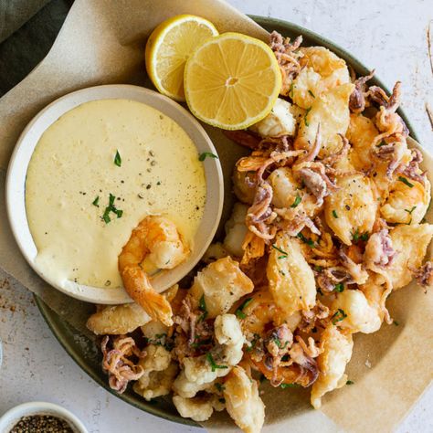 Easy Fritto Misto - Simply Delicious Shrimp Fritto Misto, Fritto Misto Recipe, Lemon Aioli, Easy Seafood Recipes, Large Shrimp, Easy Italian, White Fish, Lemon Wedge, Simply Delicious