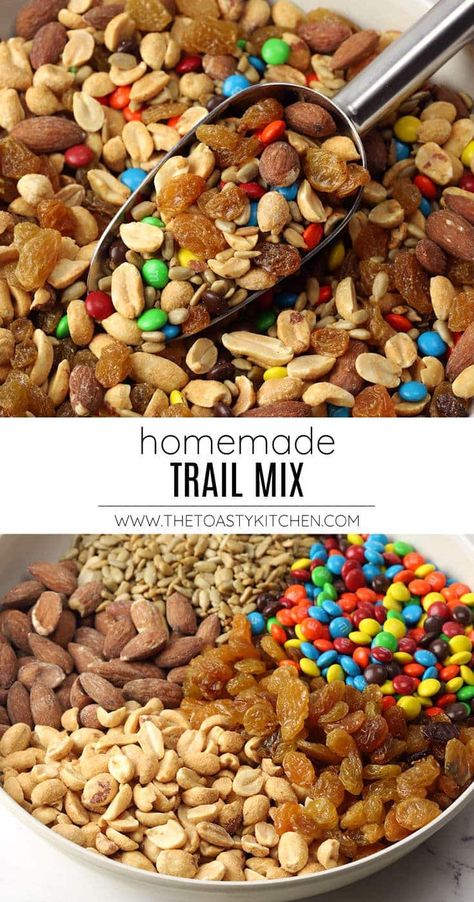 Homemade trail mix recipe by The Toasty Kitchen. Homemade trail mix is a quick and easy snack to keep on hand between meals, or to take on a hike or camping trip. A nice blend of sweet and salty ingredients makes this trail mix an addictive pantry staple. #trailmix #homemadetrailmix #camping #hiking #snacks #homemadesnacks #peanuts #recipe Homemade Trail Mix Recipes, Healthy Trail Mix Recipes, Trail Mix Recipe, Healthy Trail Mix, Munchies Snacks, Trail Food, Energy Food, Movie Night Food, Trail Mix Recipes