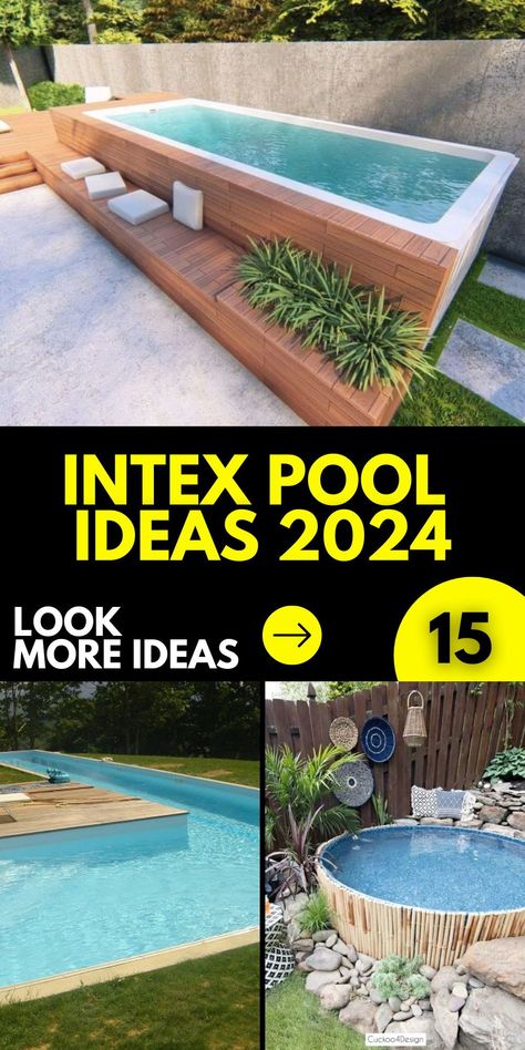 Elevate your outdoor experience with Intex pool ideas with deck. Explore DIY deck plans and landscaping to create a harmonious backyard oasis, combining relaxation and style. Intex Prism Pool Ideas, Spa Pool Decking Ideas, Diy Beach Pool Backyard, Intex Swimming Pool Ideas, Pop Up Pool Landscaping, Endless Pool Backyard Ideas, Swimming Pool Diy Ideas, Diy Intex Pool Ideas, Intel Pool Ideas