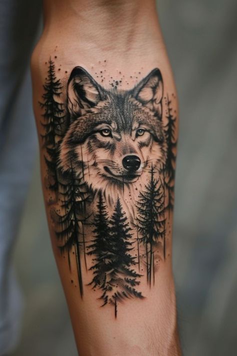 Wolf Forest Tattoo Design, Wolf Tattoo Forearm, Wolf Tattoos For Women, Leg Sleeve Tattoos, Geometric Line Tattoo, Wolf Designs, Wolf Tattoo Sleeve, Wild Tattoo, Bear Tattoos