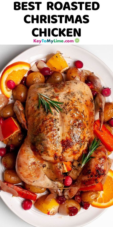 A picture of roasted Christmas chicken on a platter, with title text at the top. Christmas Chicken Recipes, Holiday Dinner Recipes, Orange Butter, Chicken Tray Bake, Christmas Roast, Chicken Roast, Perfect Roast Chicken, Holiday Roasts, Roast Chicken Leftovers