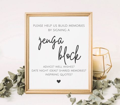 Bridal Shower Signage Ideas, Jenga Block Guest Book, Jenga Sign In Wedding, Jenga Sign In Guest Books, Wedding Jenga Sign, Jenga Guest Book Wedding Signs, Wedding Bathroom Basket Sign, Bathroom Basket Wedding, Wedding Bathroom